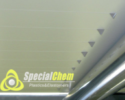 Knife blades cutting the sheet inline into trim boards of variable width