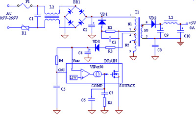 由VIPer50構(gòu)成的通用型開關(guān)電源電路