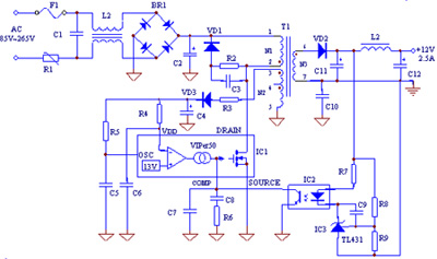 由VIPer50構(gòu)成的30W精密開關(guān)電源電路